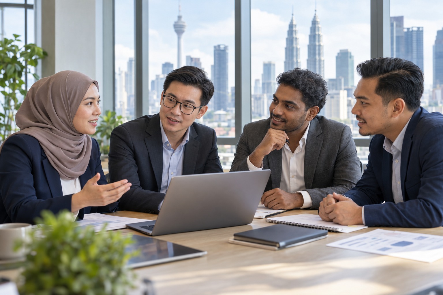 Malay, Chinese Malaysian and Indian Malaysian professionals discussing a business partnership in a Kuala Lumpur office
